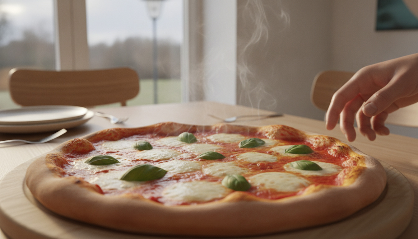 Næroppet af friskbagt Margherita-pizza med mozzarella, basilikum og tomatosovs på hvid tallerken med anonym hånd nær.