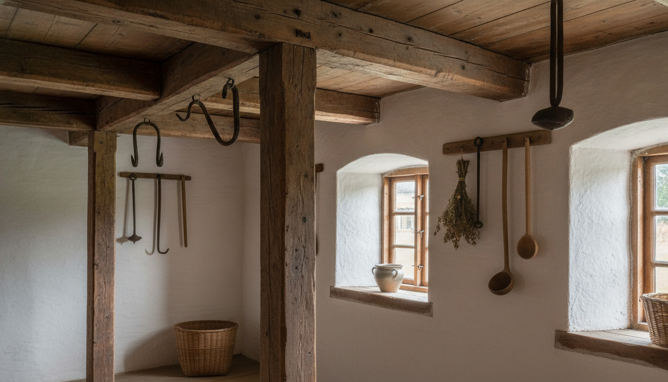 Træbjælker og rustikke husholdningsredskaber hængende på hvide mure i en traditionel nordisk stueinteriør med dagslys fra småruder.