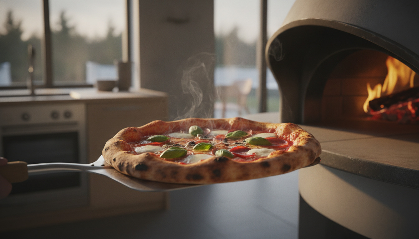 Friskbagt pizza på køjeskeen med dampende varme, gylden skorpe og italienske toppings i varm lys.