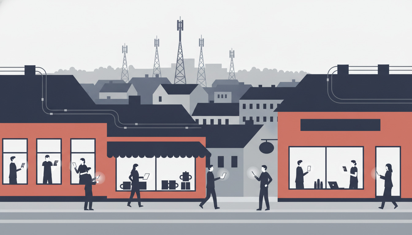 Flad vektorillustration af en dansk bys gade med moderne fiberkabel og 5G-sendertårne. Beboere bruger bærbare computere og enheder i butikker og på gaden, hvilket viser digital forbindelses-infrastruktur integreret i hverdagslivet i byen.