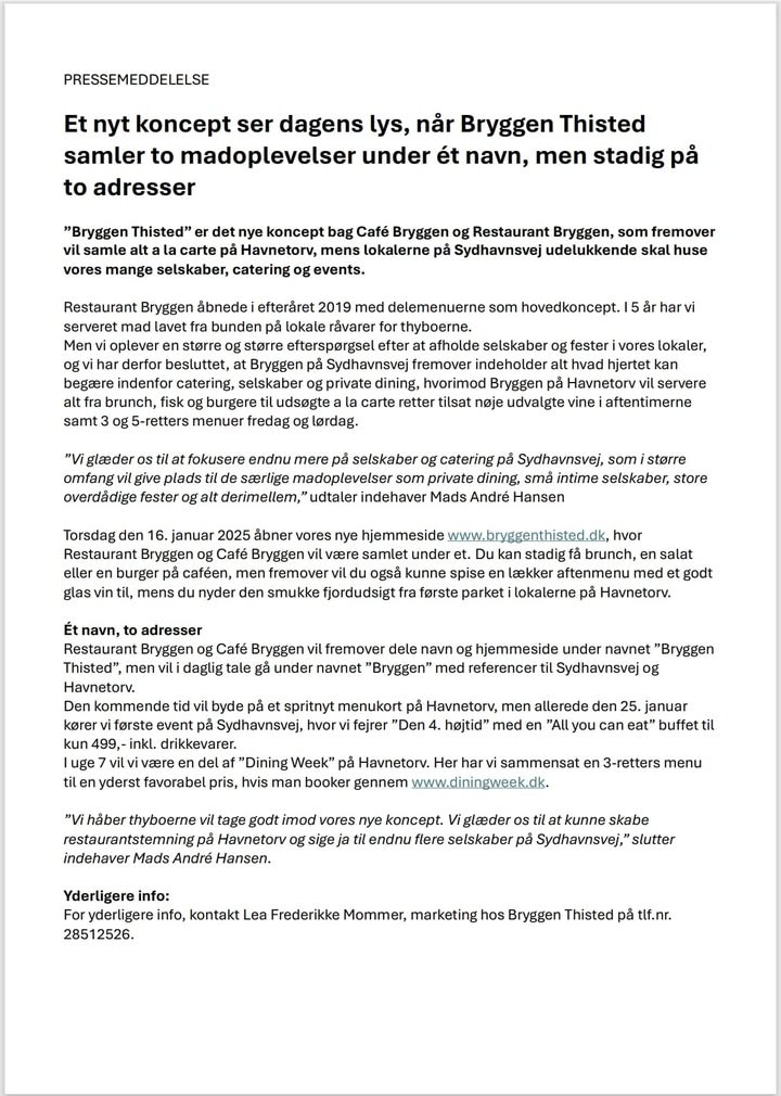 Pressemeddelelse med vigtigt nyt fra Café Bryggen