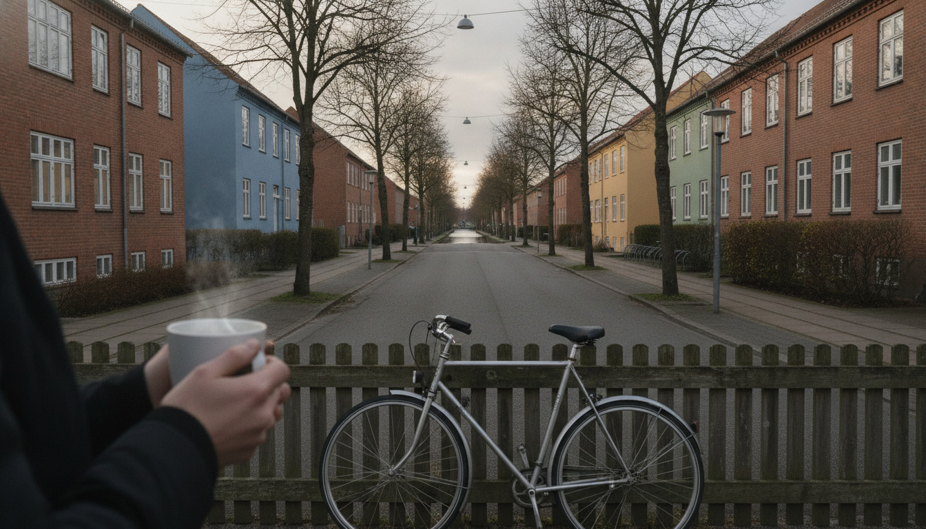 Cykel mod træ-hegn med varmt kaffe-krus i hånden; boligblokke og træer uskarpt i baggrund.