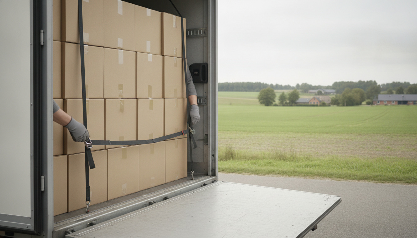 Hånd i arbejdshandske justerer sikringsrem på kartoner i lastbiltrailer.