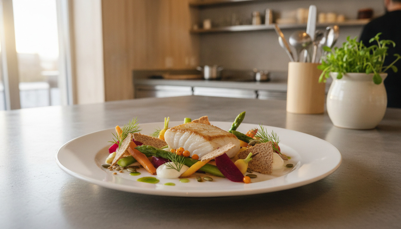 Kunstnerisk anrettet fiskeret med grøntsager og urter på hvidt porcelæn i minimalistisk restaurantkøkken.