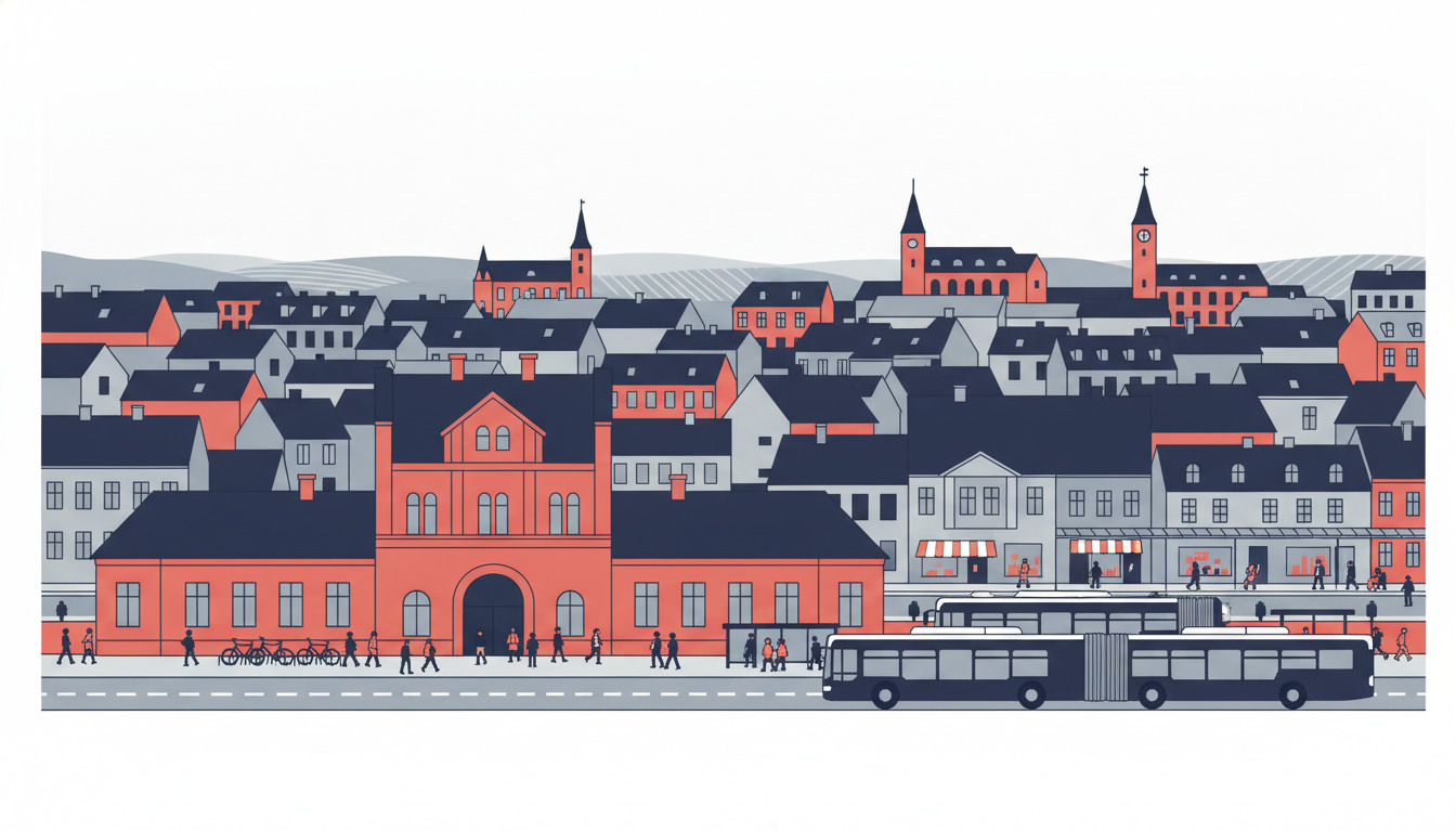 Sønderborg togstation i fladt vektorgrafik-stil: rødt stationsbygning med indgang, perron bag ved, busser foran på gaden, cyklister ved stationen, passagerer, og byens taguline med kirker i baggrund.