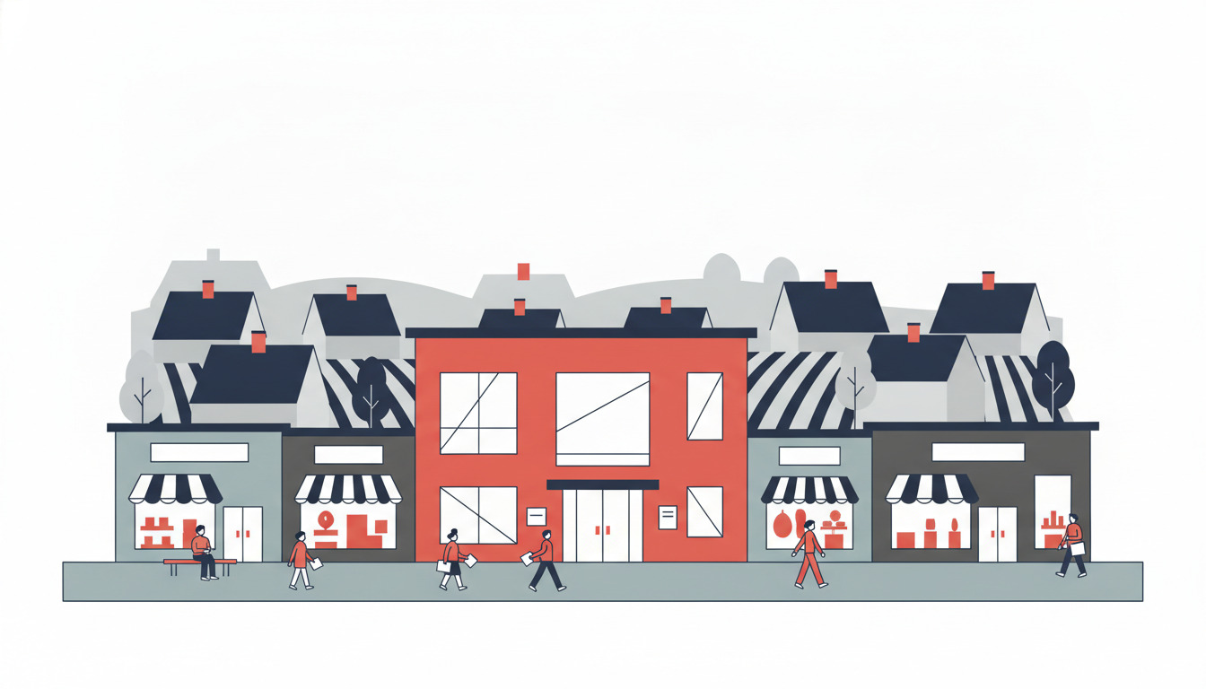 En lys, velkomet medicinksk hub i centrum af Brønderslev med moderne sundhedscenter med store vinduer, flankereret af mindre kliniske butikfronter og apotek. Patienter går mellem byggninger på en hyggelig gade med røde tage i baggrunden.