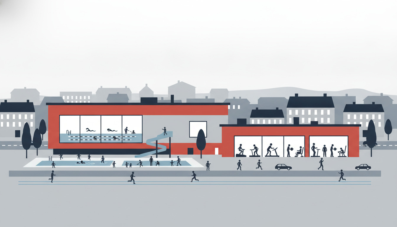Farverig fladvektor-illustration af et moderne svømmehall og fitness-center i Frederiksberg med store vinduer, der viser svømmere, vandrutsjebaner og gym-brugere; livlig gatescene med mennesker, der motionerer og biler.