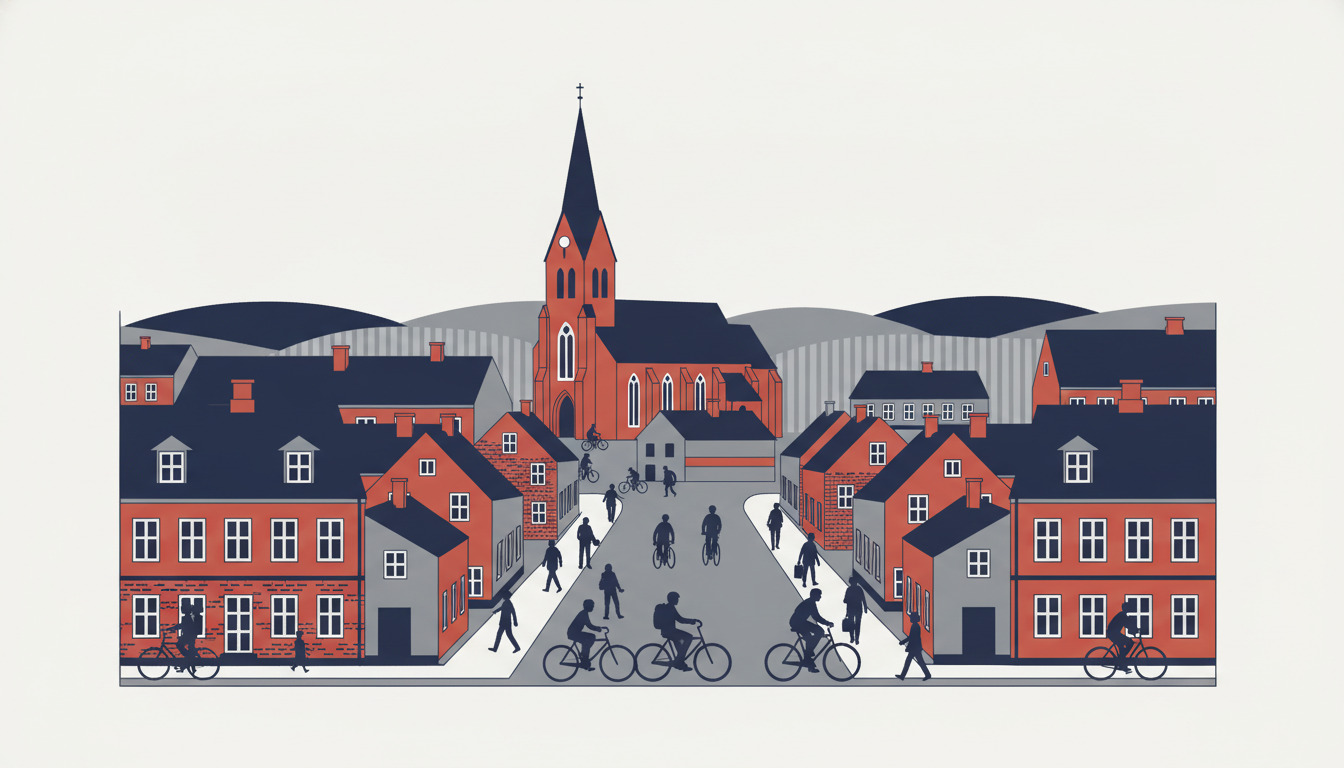 Illustration af Bjerringbro med kirken, stationen og hovedgaden, omgivet af Gudenådalens landskab.