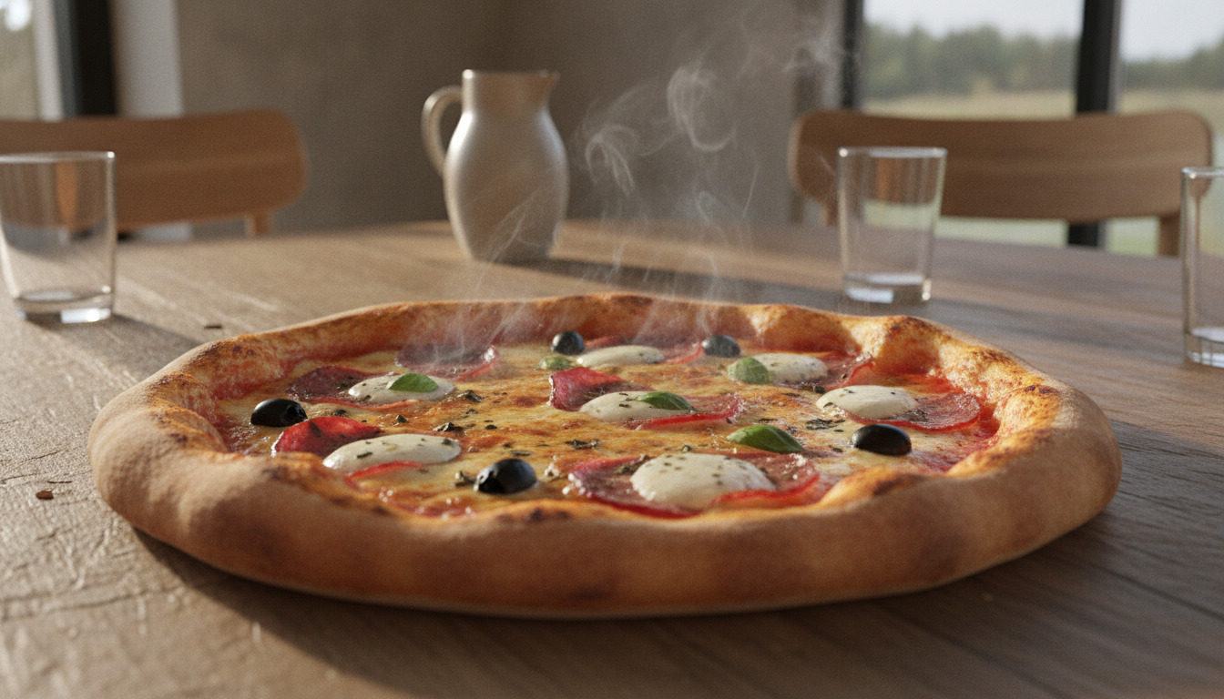 Tæt optagelse af en friskbagt italiensk pizza med smelteosten og friske toppings på en træbord.