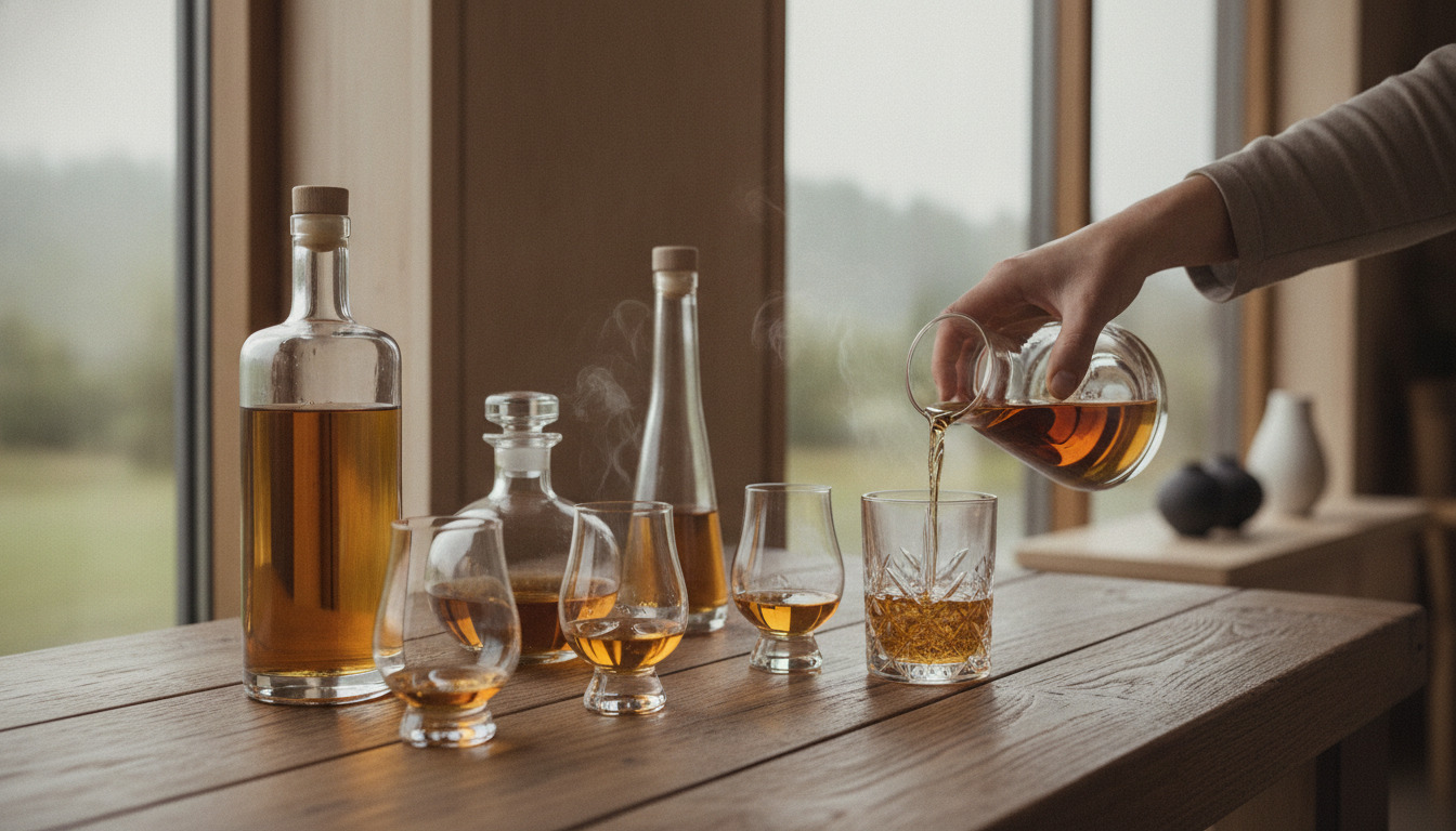Hænder hælder spiritus fra karaffel over i snapsglas på trætabel med spiritus- og smagningsflasker.