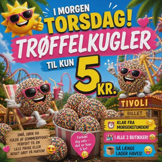 Løgstørvejens Bageri sælger trøffelkugler med tivoli-krymmel til 5 kr. i morgen