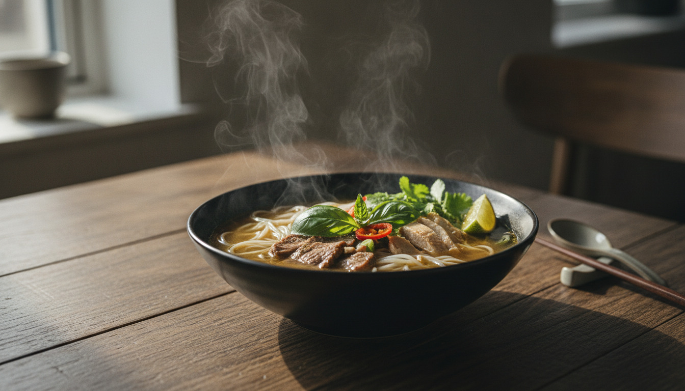 Tæt billede af en dampende skål vietnamesisk phở med nudler, klart bouillon og grønt på mørk træbord.