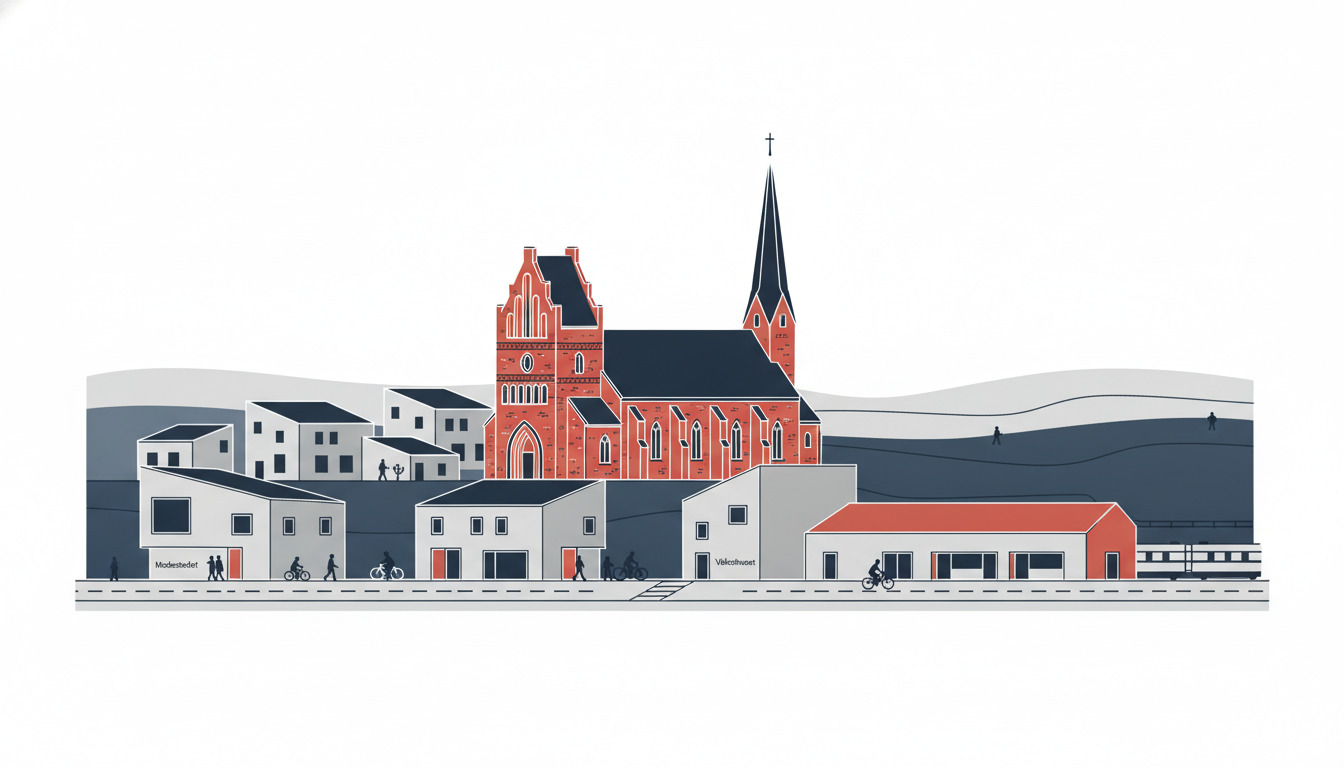 Flad vektorillustration af Bordings bycentrum med den rødbrick Bording Kirke med høj spir, der dominerer horisonten, flankeret af hvide boligbygninger og lokale samfundsrum langs hovedgaden, med cyklister og gående, jernbaneinfrastruktur synligt, og bølgende Midtjylland-bakker i baggrunden.