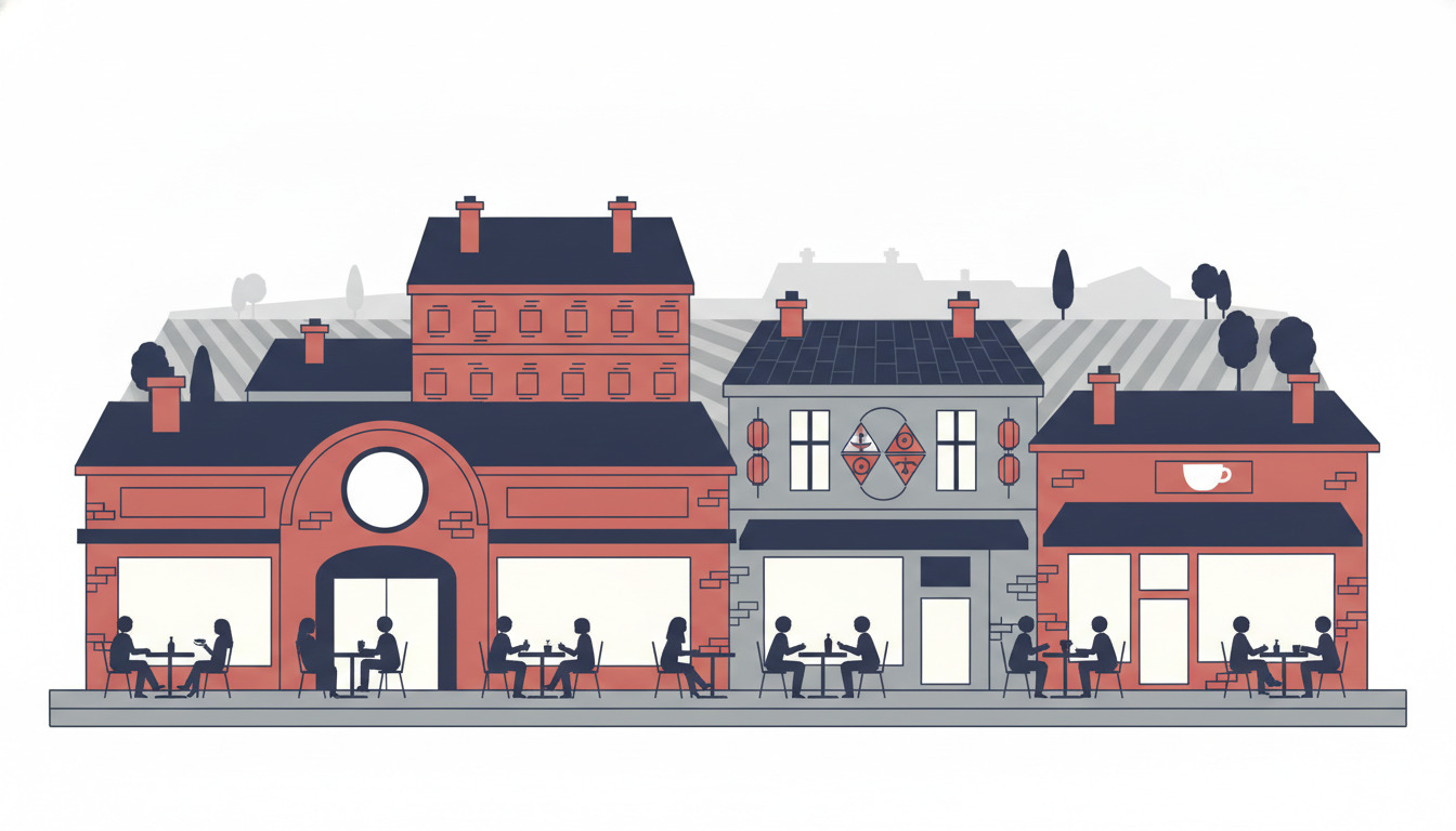 Brønderslev gågade med flere restaurant- og caféfacader i varme røde og grå toner, med udendørs siddepladser, store vinduer, forskelligartede spisesteder og mennesker, der spiser ved gadeplanutendørs borde.