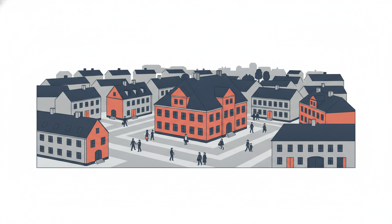 Maribobyens torv med en fremtrædende rødt mursten kommunalt rådhus i centrum, omgivet af offentlige bygninger med mørke tage, borgere der går på pladsen.