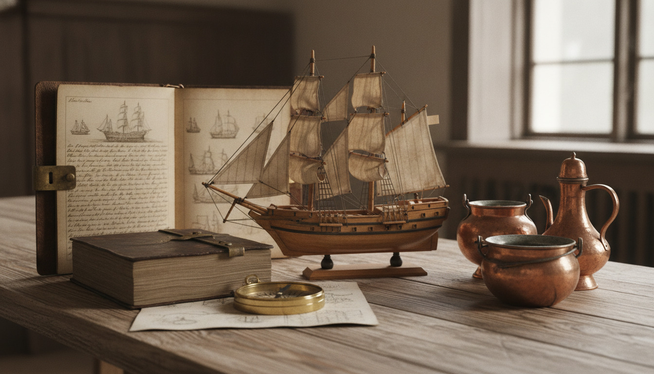 Antikke maritime genstande og historiske dokumenter arrangeret på træbord – skibsmodel, læderbogsbind, messingsmål og kobberkander.