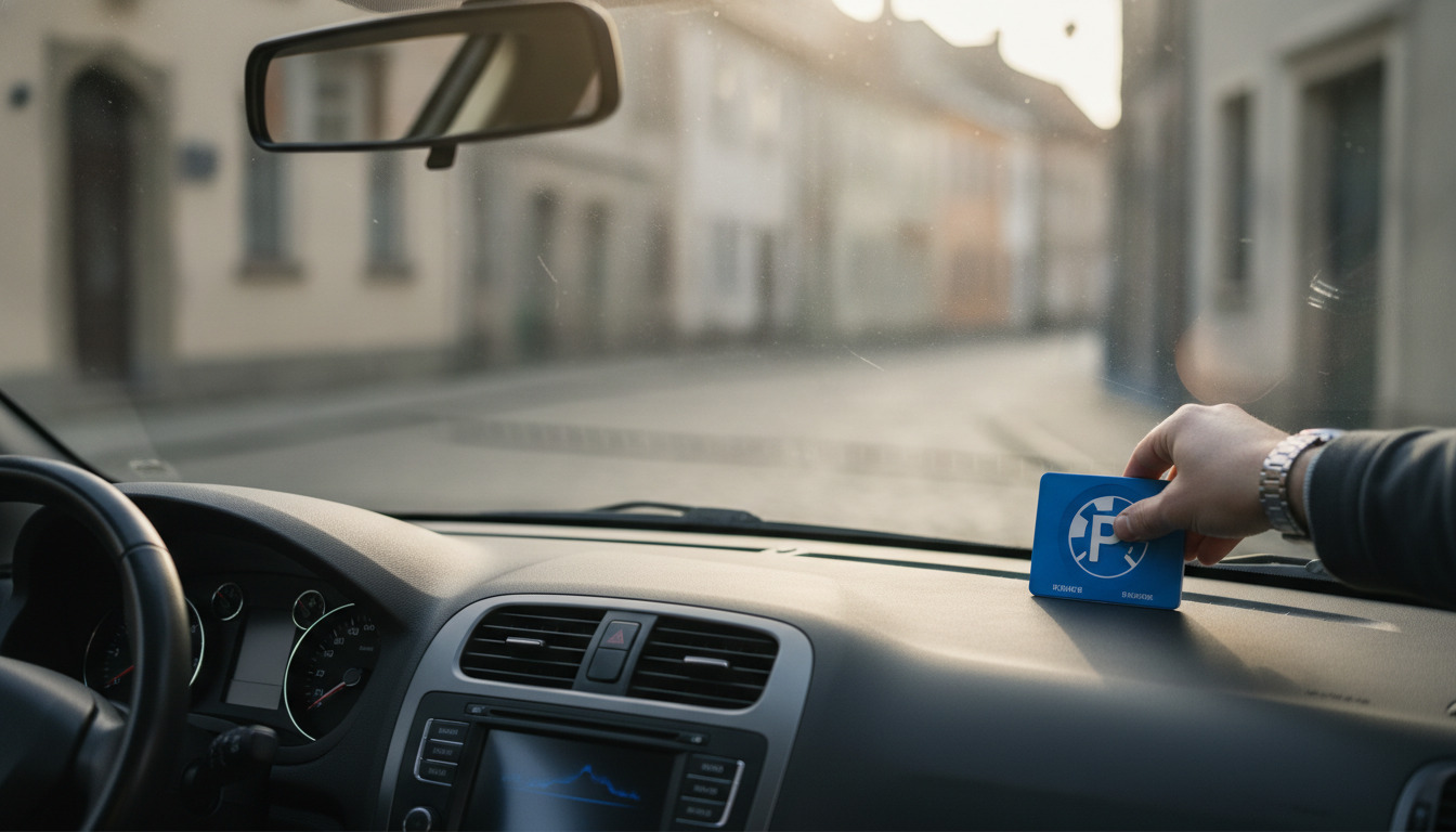 Nær på autodashboard med blå P-skive på forruden og hånd der justerer tiden.