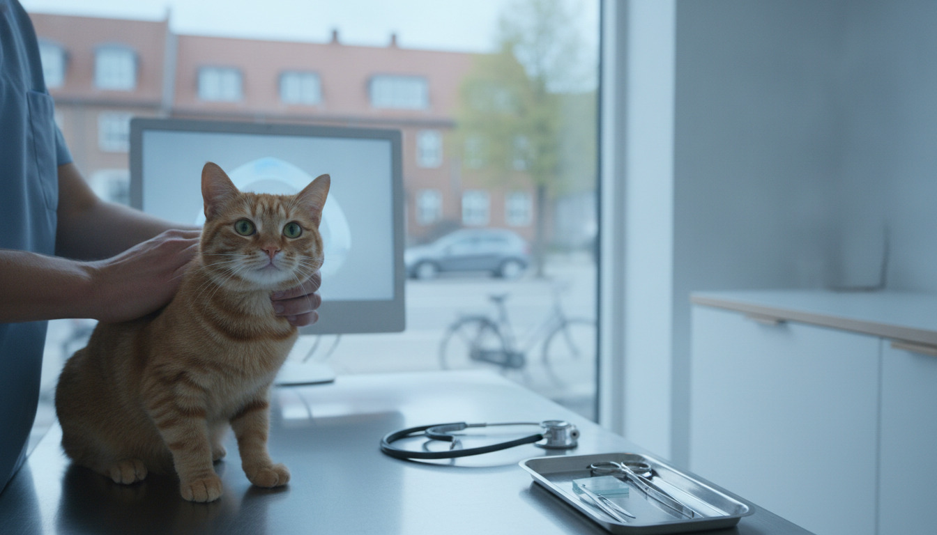 Dyrlæge holder en kat foran en skærm på undersøgelsesbordet med stetoskop og instrumenter i nærheden.