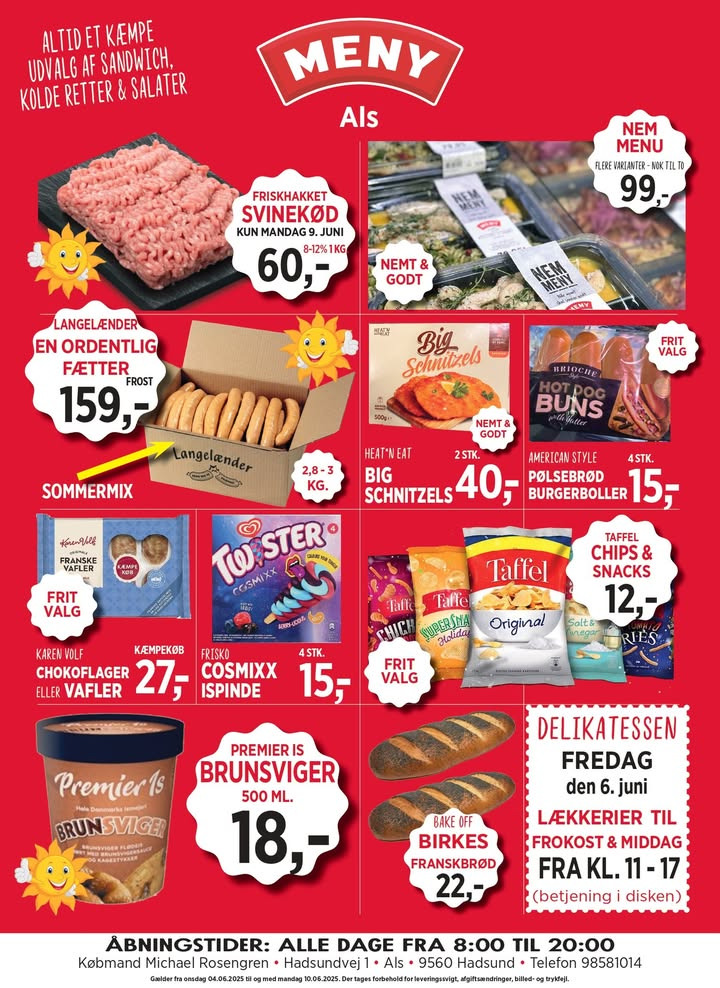 Meny Als annoncerer ugens lokale priser og åbningstider i pinsen