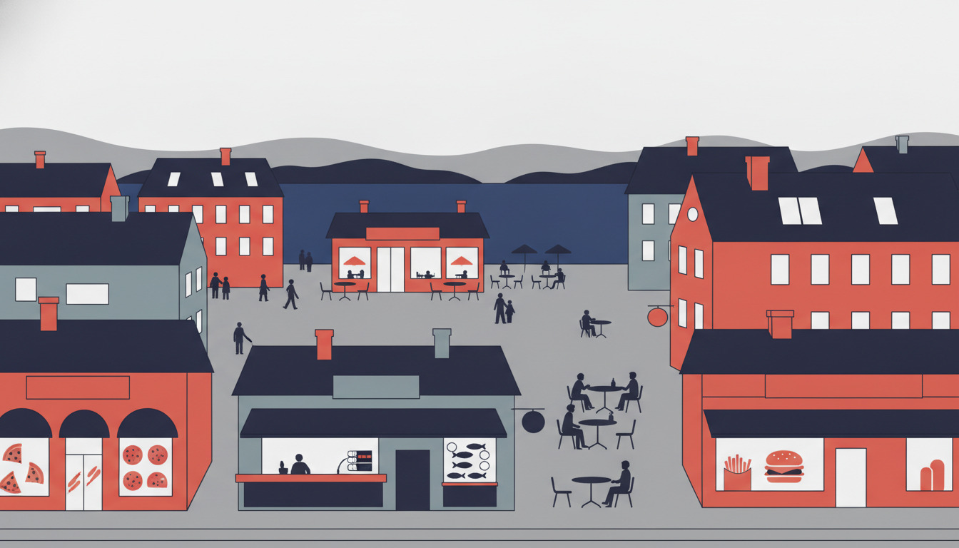 Flat-vector illustration af en hyggelig spisesteder-scene i Espergærde med pizzeria, sushi-bar, burger-shop og caféfacader omkring et byplads med spisende mennesker.