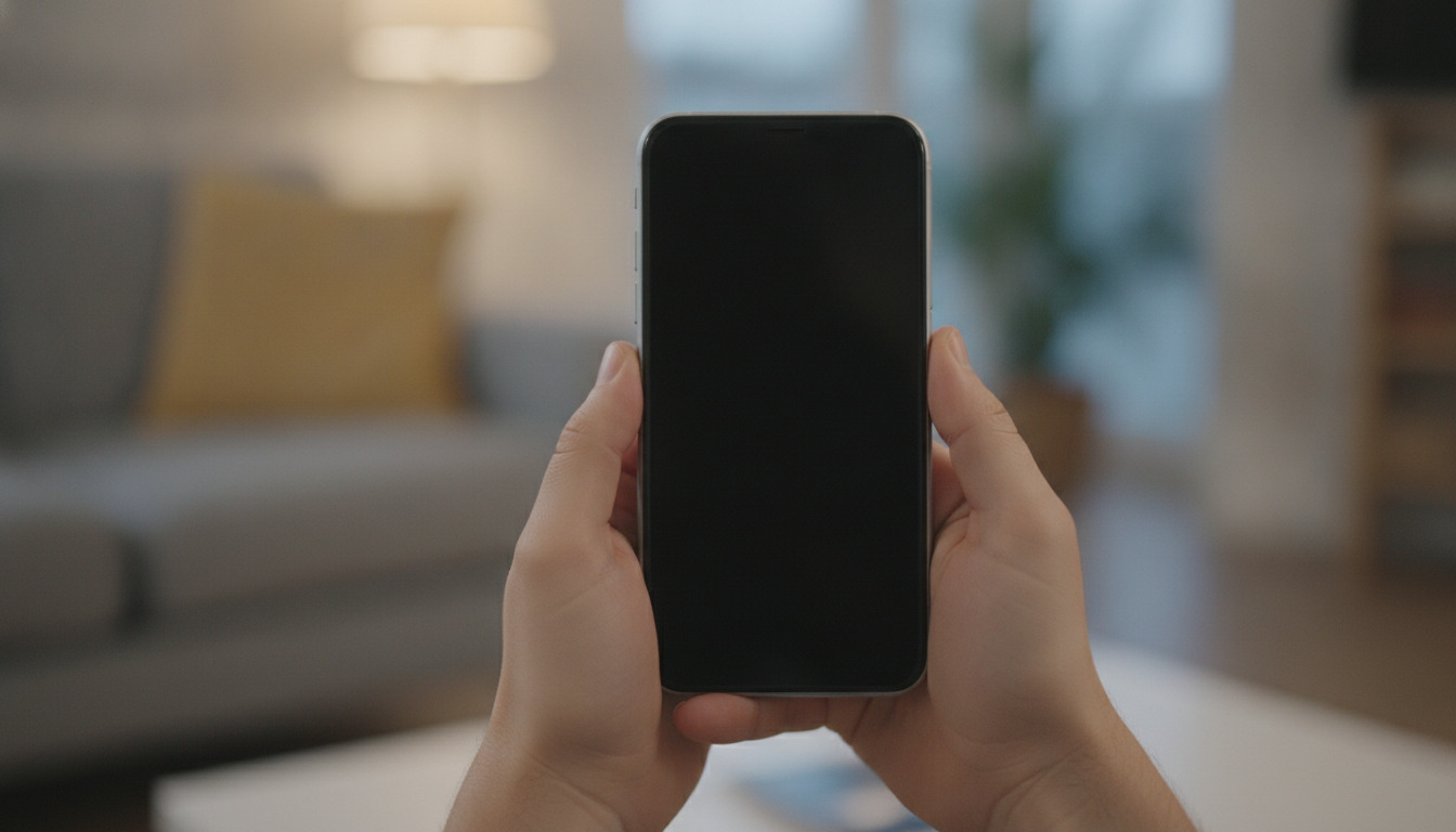 Hænder holder en smartphone med sort skærm foran et uskarp interiør.