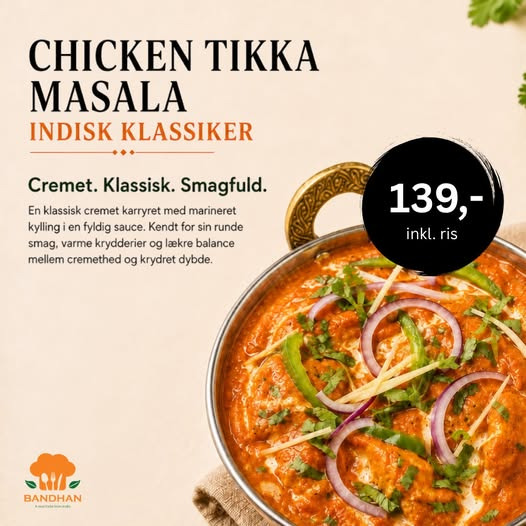 Bandhan Viborg serverer Chicken Tikka Masala med ris til 139 kr