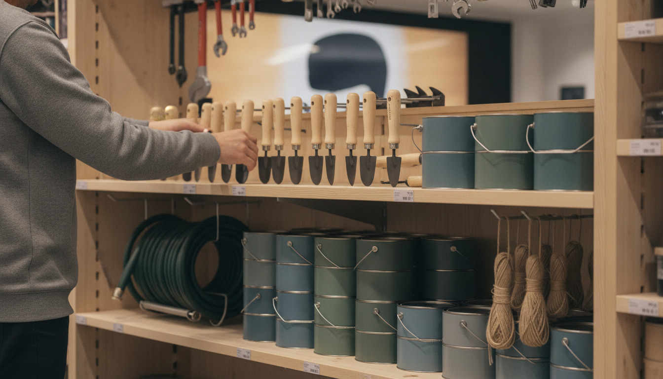 Hænder arrangerer haveredskaber og maling på et hyldearrangement i et butiksmiljø.