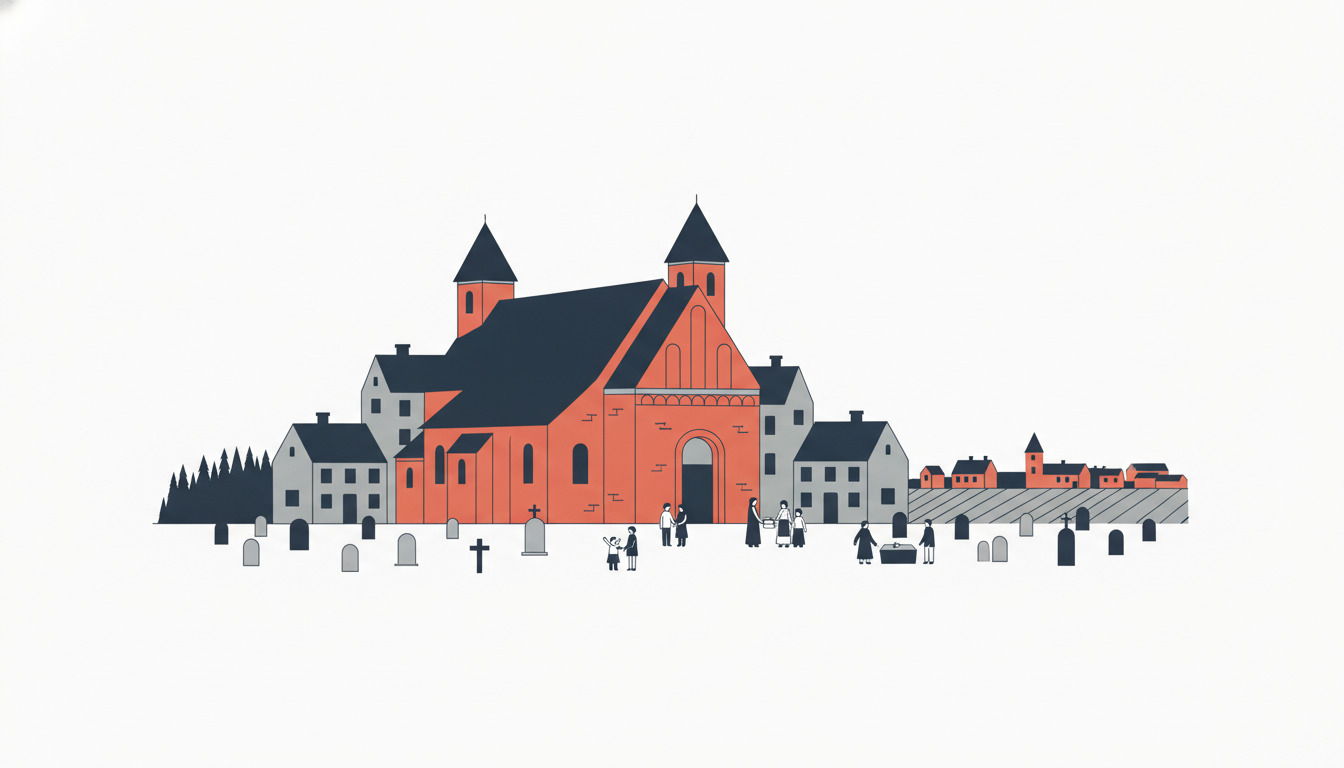 En romantisk stenkirke med karakteristiske rundbuede vinduer og spidse tårne omgiven af gravsten, med borgere samlet ved indgangen i en dansk bykulisse.