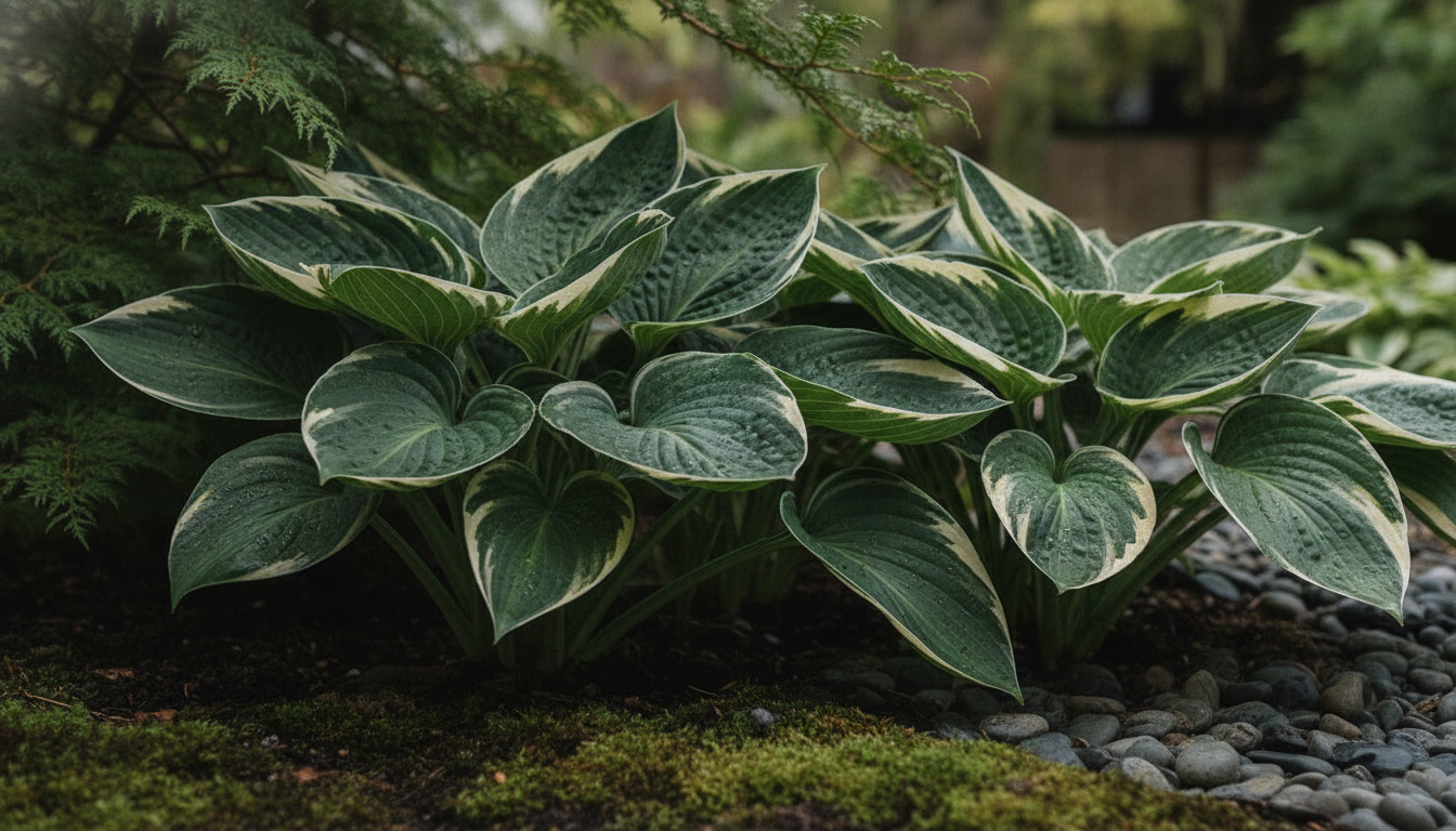 Nærfoto af hostalblades med grøn og beige variegation, teksturerede overflader og blød baglys i botanisk miljø.