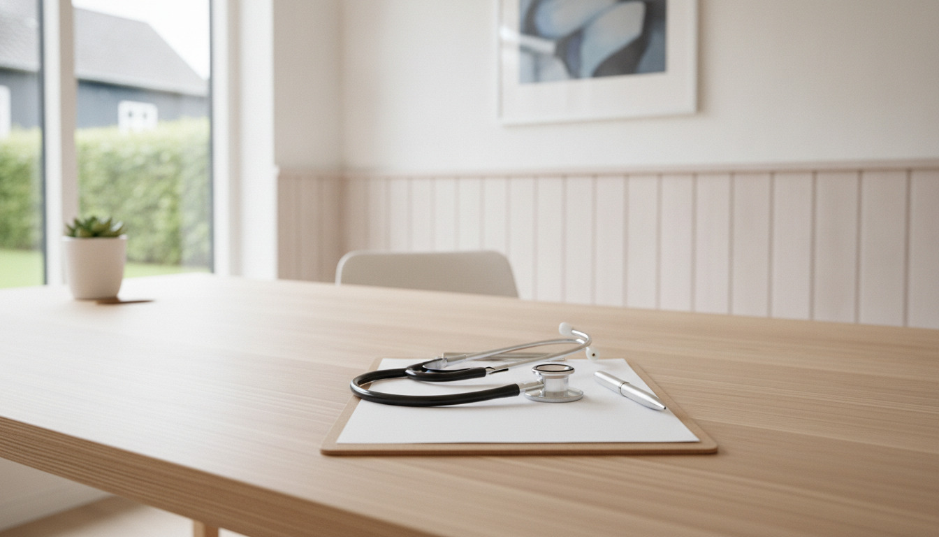 Stethoskop, clipboard og pen på lyst træbord i klinikindretning.