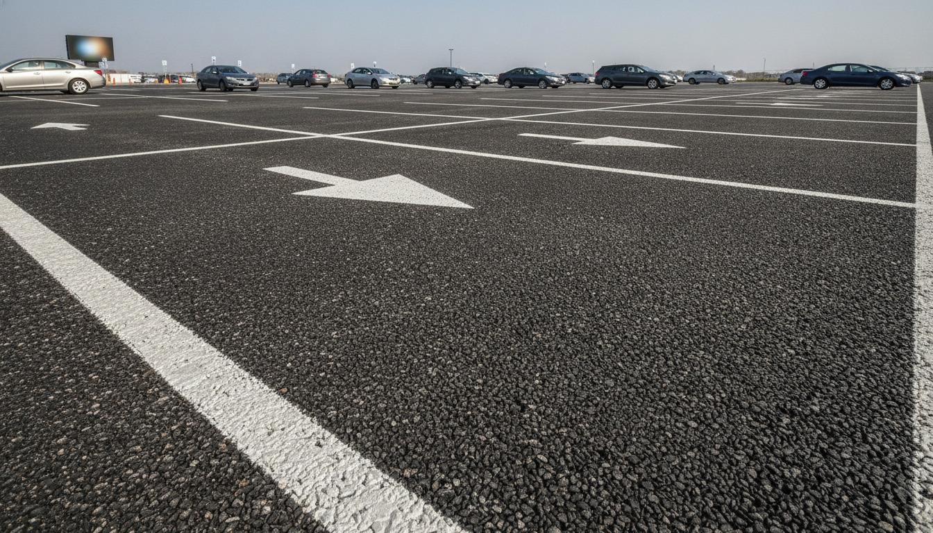 Nærbillede af parkeringslot med hvide parkeringsmarkeringer og pileskilt på asfalt.