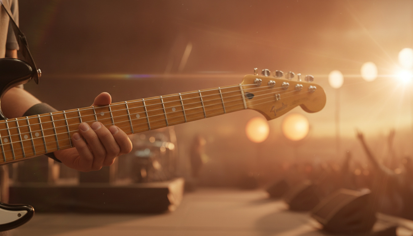 Guitarhalstørring skarp i fokus med musikers hånd på nakken, varm scenebelysning i baggrund.