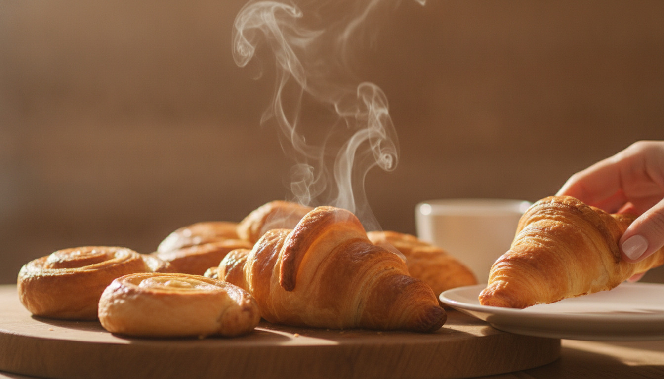 Nybagede croissanter og rundstykker på træ med damp, hånd placerer brød på tallerken.