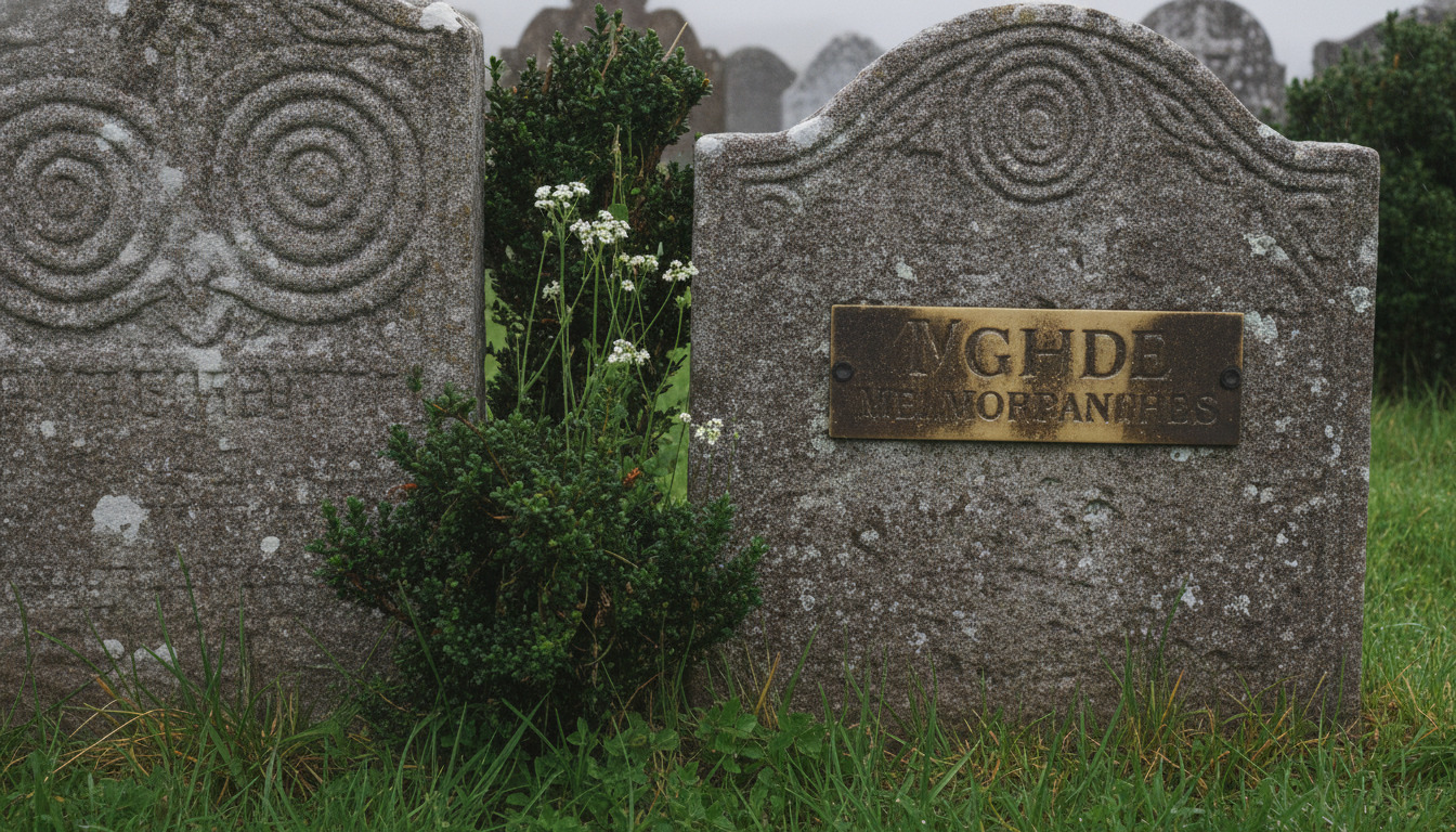 Nærfoto af forvitrét gravsten med cirkelornamentik og grønne planter blandt græs på kirkegård.