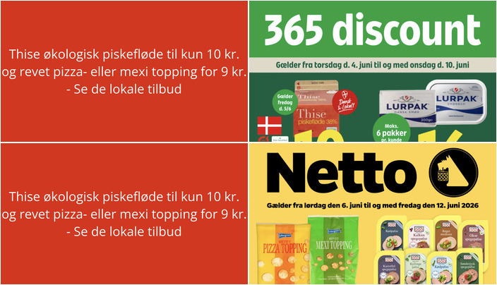 Thise økologisk piskefløde til kun 10 kr. og revet pizza- eller mexi topping for 9 kr. - Se de lokale tilbud