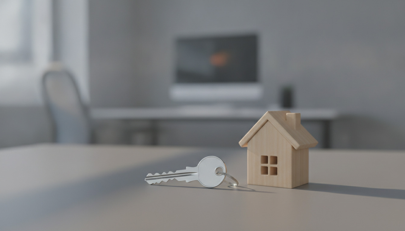 Træhus-model og nøgle på skrivebord med kontorummet uskarp i baggrunden.