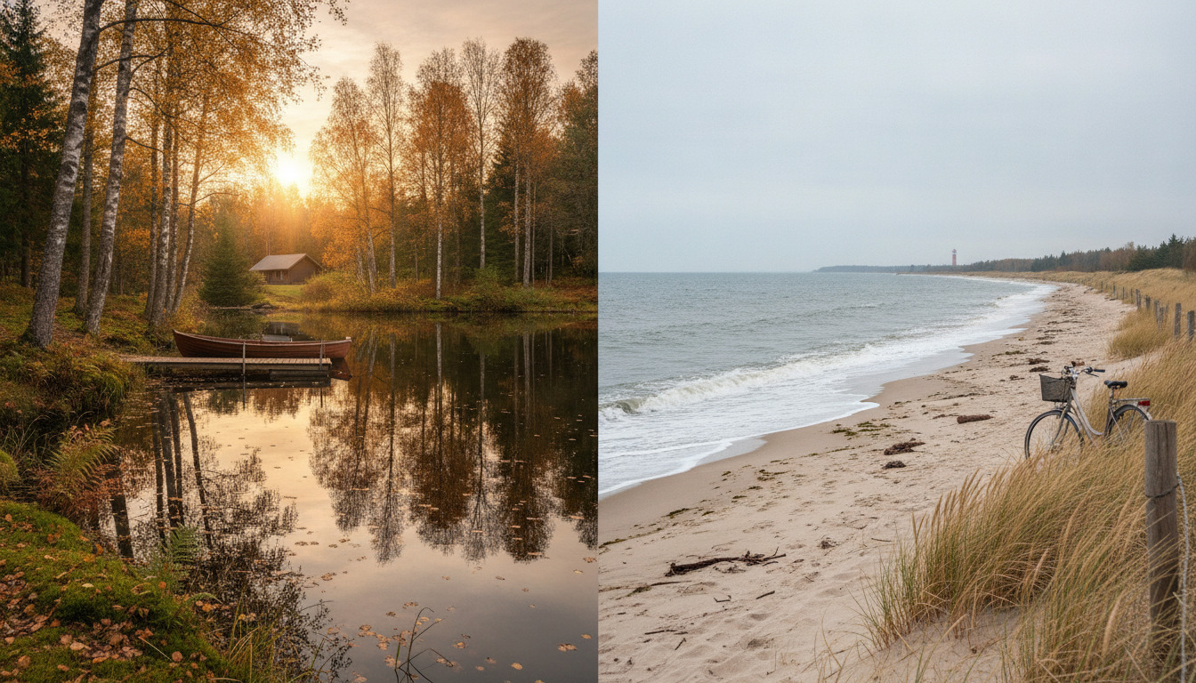Split billede: venstre viser skovspejling med birketræer i efterårslys; højre viser strandsand og græs ved bølger. Generiske landskabselementer.