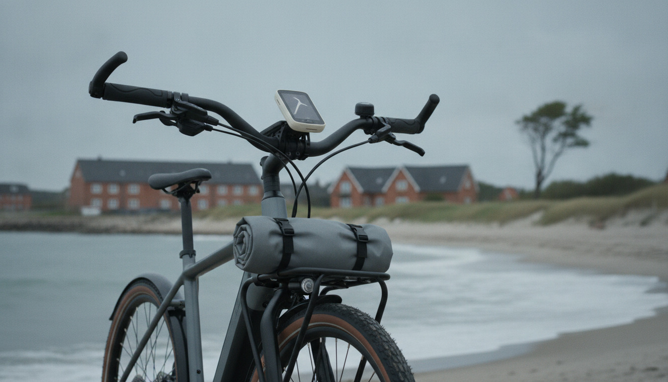 Cykelstyr og forhjul på moderne cykel med blurred baggrund.