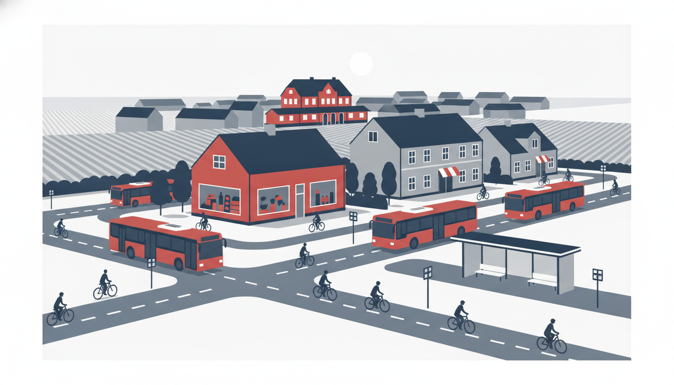 Stiliseret fladvektor-illustration af Allingåbro bycentrum med veje, cykelstier, busser og cykler, med en rød historisk bygning (tidligere banegård) fremtrædende i baggrunden omgivet af beboelsesejendomme.