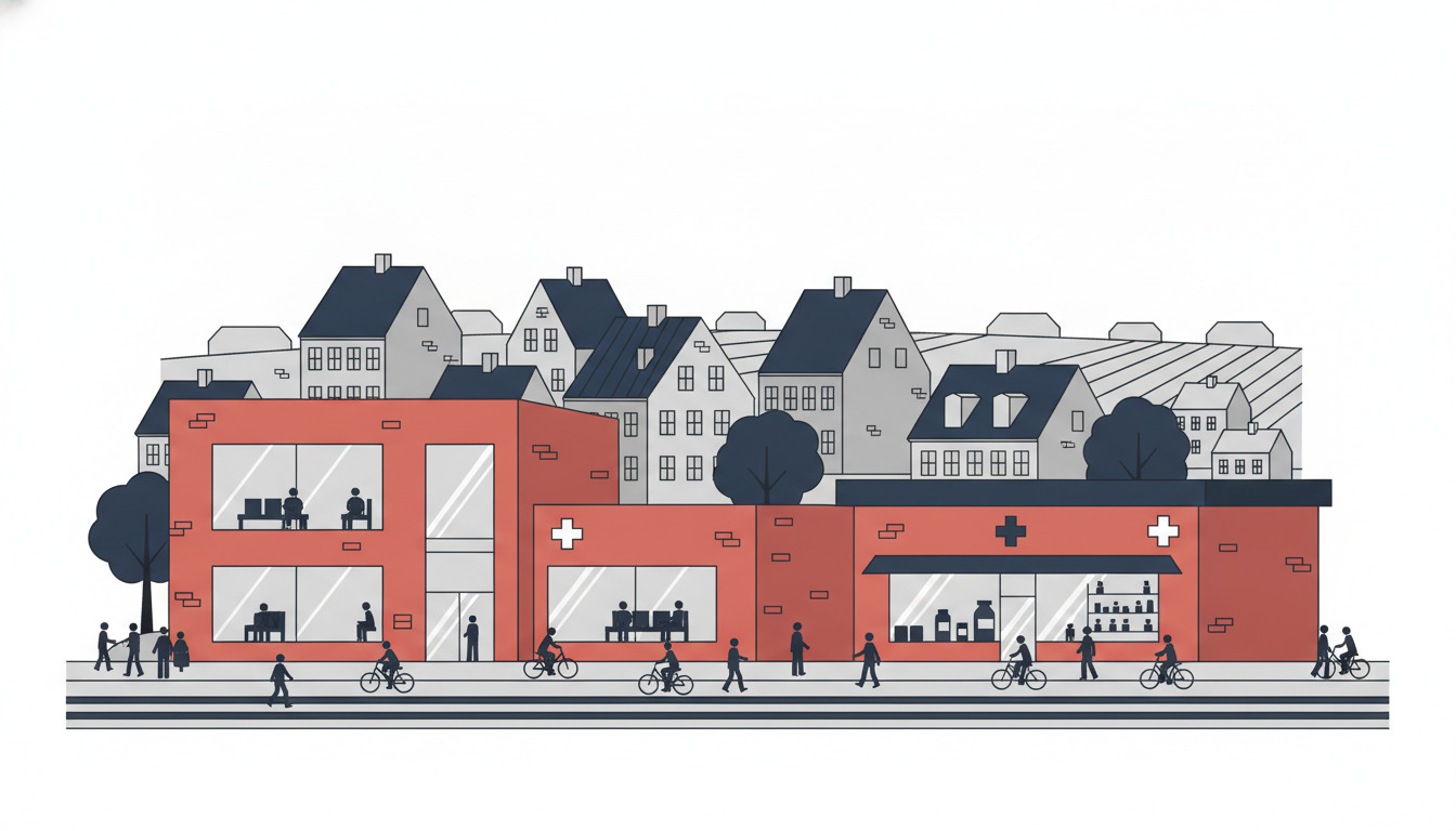 Moderne læge- og apotek-bygninger med røde facader og store vinduer foran typisk dansk byarkitektur med grå huse og sorte tage i Fjerritslev.