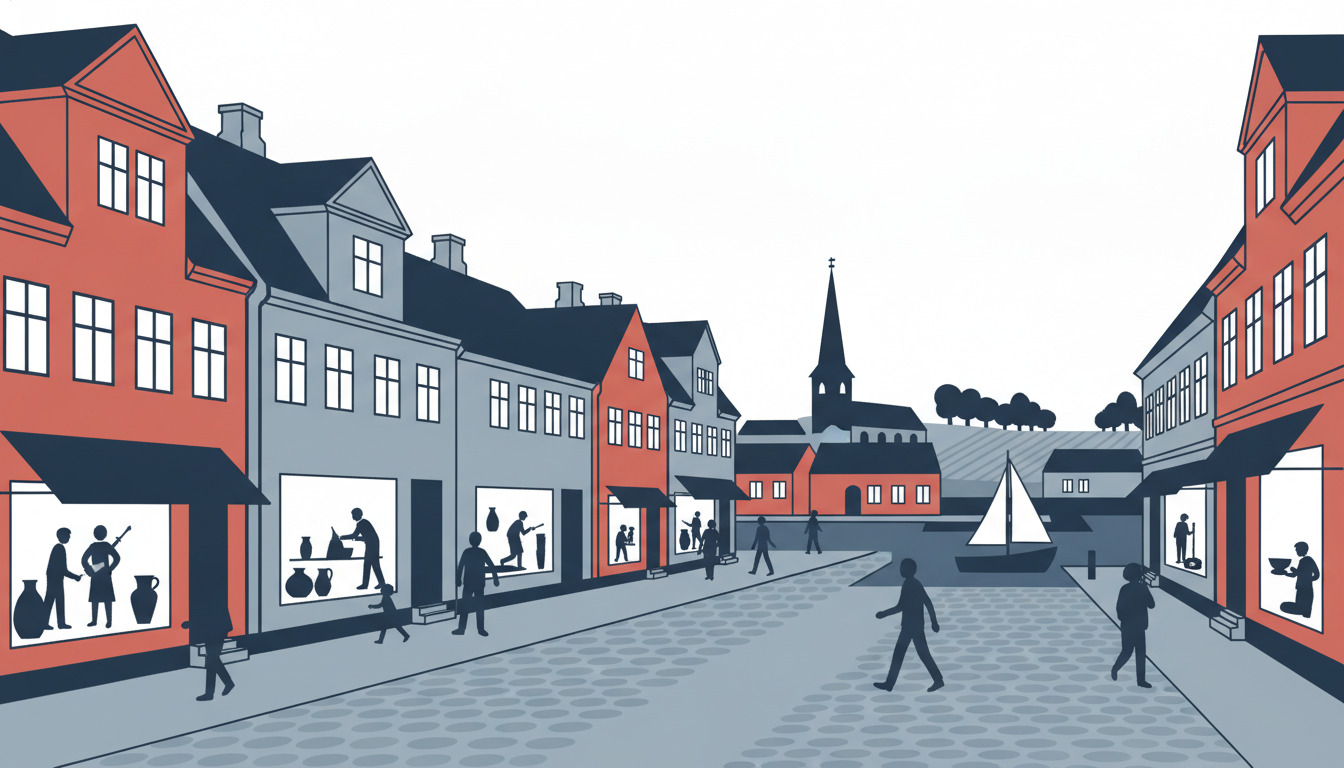 En stiliseret dansk havneby-gade med velbevarede røde og grå kaufmannsgårde fra 1700–1800-tallet, kunstnere i butiksvinduer, kirketårn og sejlbåd i baggrunden – Fåborg som kunstnerisk handelsby.