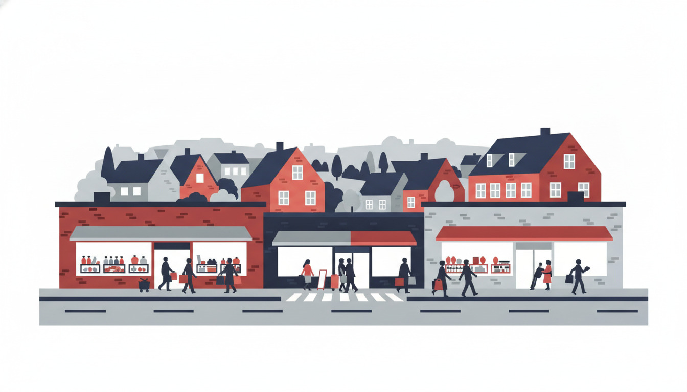 Espergærde shoppinggade med farverige supermarkedsfacader, kunder med indkøbsposer, facader med udstillet frugt og grøntsager, og boligbygninger med dansk-stiliserede taglinjer i baggrunden.