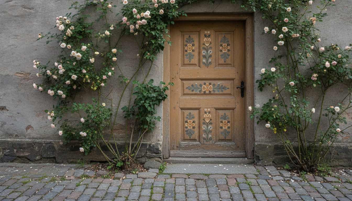 Gammelt træ-dør med blå og okergule traditionelle blomstermalerier, klatrerroser og efeu omkring, gamle kampesten foran.