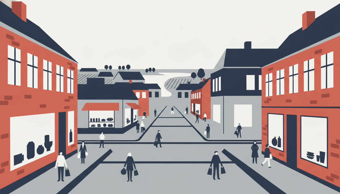 Lemvigs pedestrisk shoppinggade med røde og sorte butiksfacader, store vinduer med vareudsalg, og mennesker der handler på den brede, brolagt gade med båtaksteder i baggrunden.