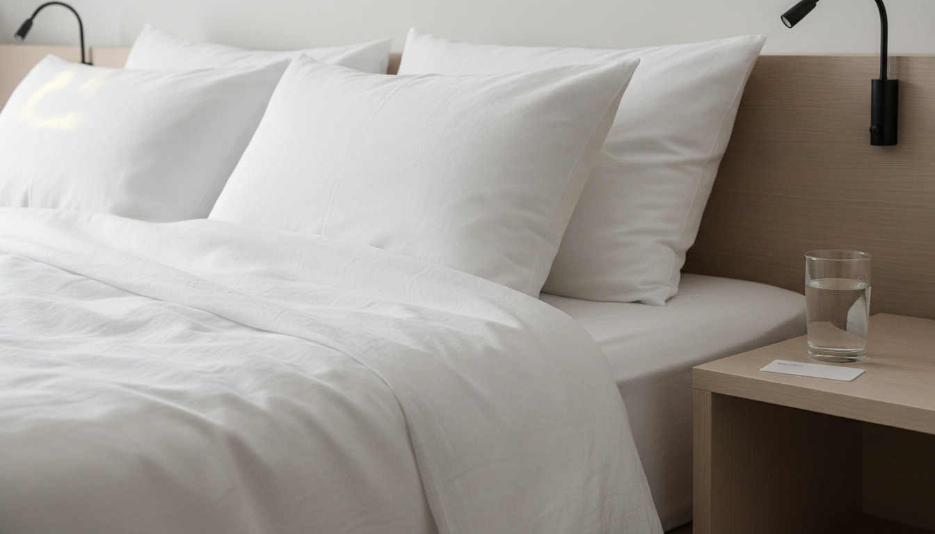 Hotelværelse med hvidt sengetøj, puder, natbord med vandglas og minimalistisk skandinavisk indretning.