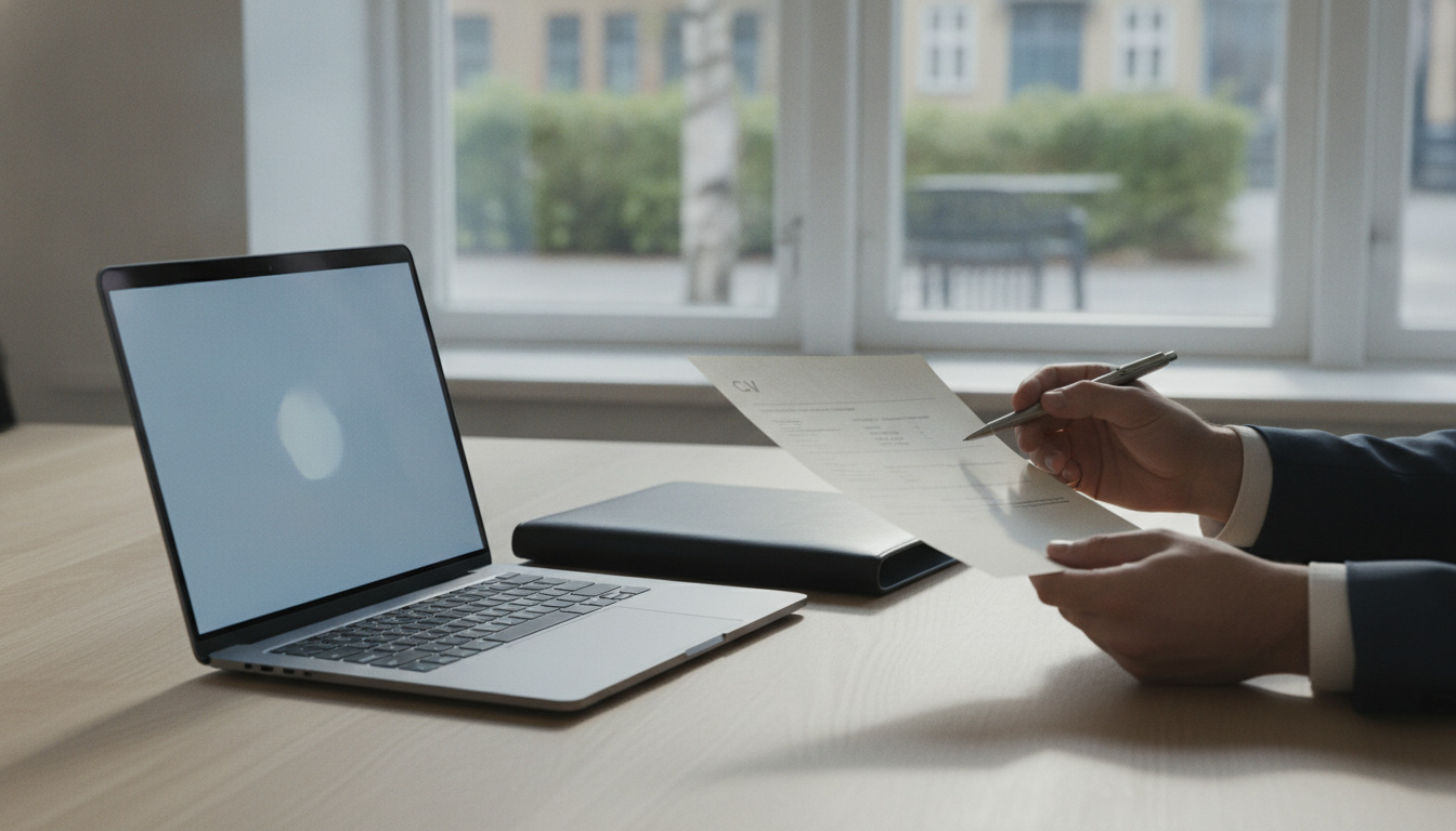 Hænder holder pen og papirer over en notesbog ved et skrivebord med laptop og naturligt lys.