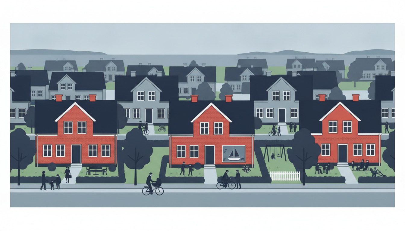 Farverig dansk boligvej med røde og grå villaer, sort-takkede huse, grønne haver, cyklister og familier på gaden under kuperet kystkyst.