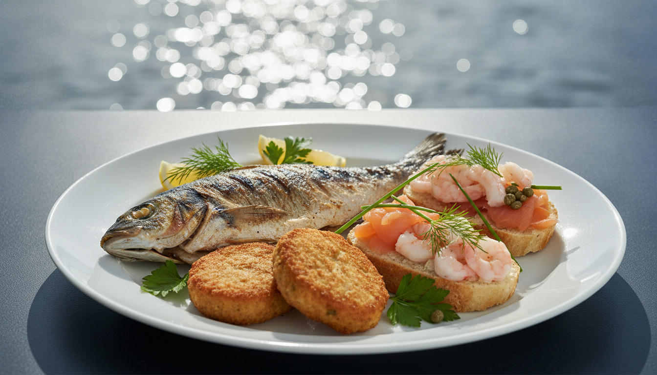 Tæt billede af ferskfiskerett med grillet fisk, sprøde fiskekager og dild på hvid tallerken.