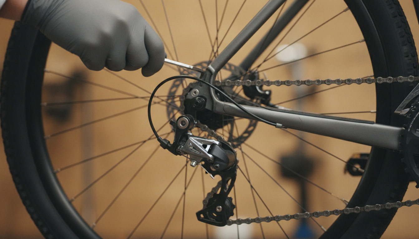 Cykelmekaniker i sorte handsker justerer deraillør på cykelkæde med præcision under varmt lys.