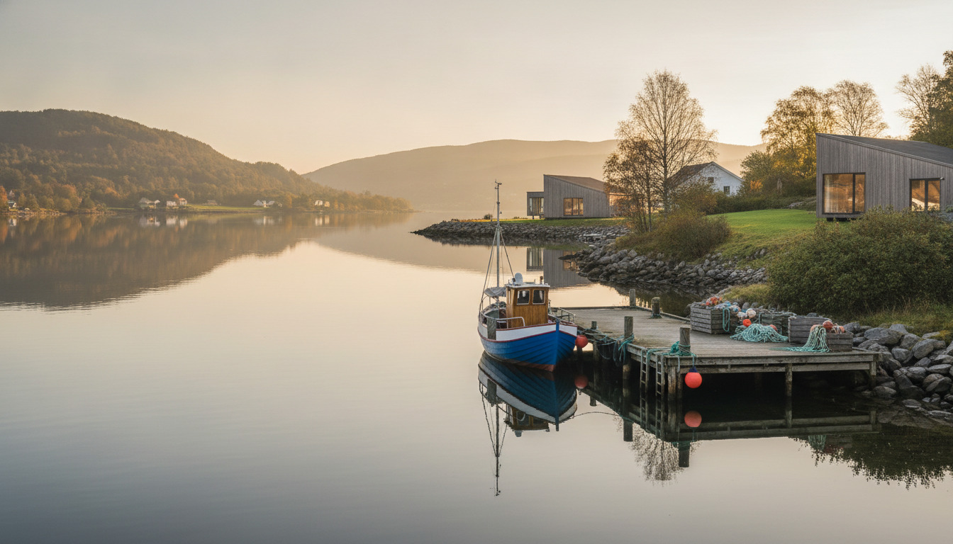 Fiskebåd fortøjet ved en dock med fiskenetsbøjer og reb på en stille fjordkyst ved gyllent sollys.